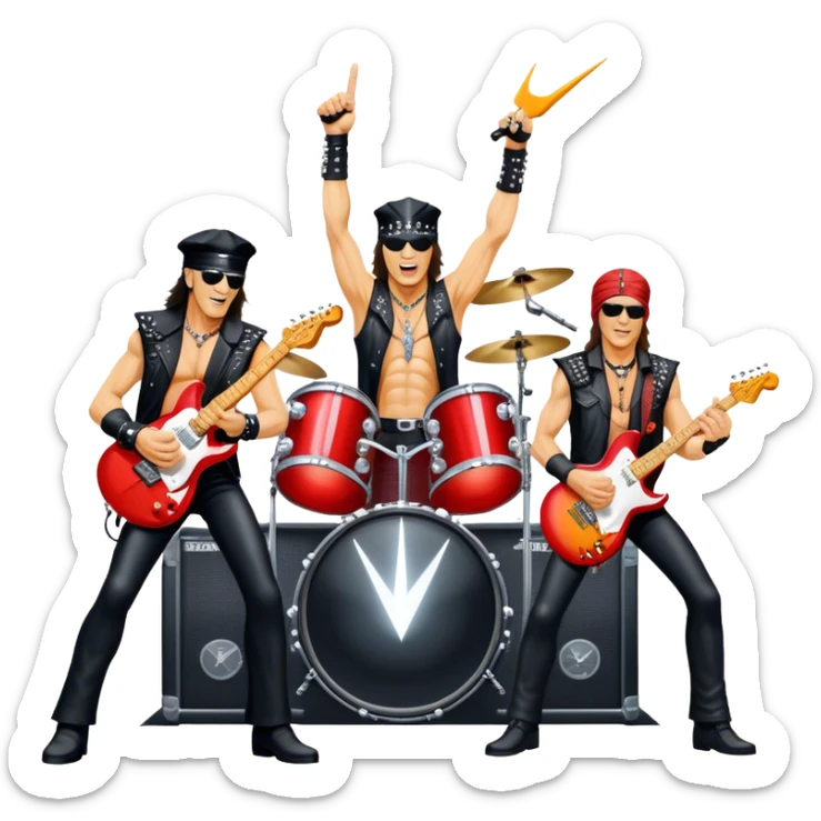 Icon for Rock Music: Scorpions live concert on stage with electric guitars, drums, and a powerful spotlight. Klaus Meine at the microphone, Rudolf Schenker and Matthias Jabs playing guitars, dynamic stage presence, and electric energy. Transparent background. sticker