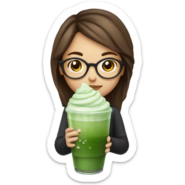 Girl with brown hair and glasses holding a iced matcha sticker