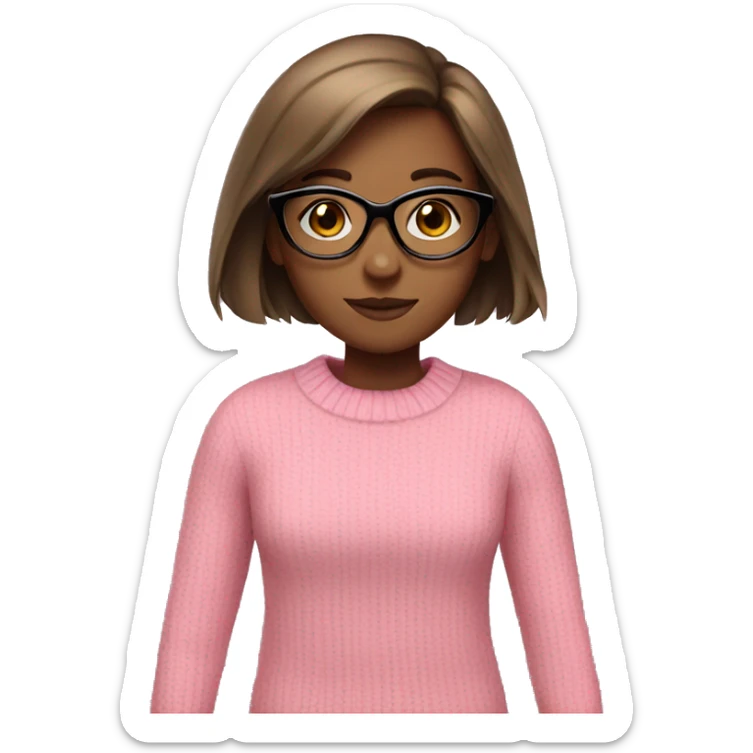 A girl with brown straight hair in a pink sweater with black glasses sticker