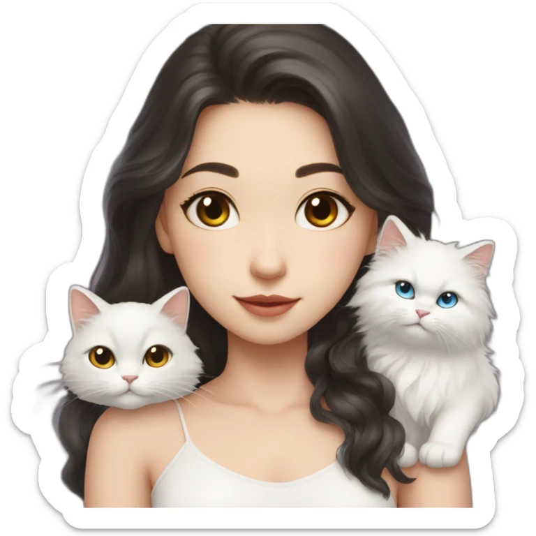 A girl with long dark hair and on her left shoulder and neck lies a white fluffy cat with different eyes sticker