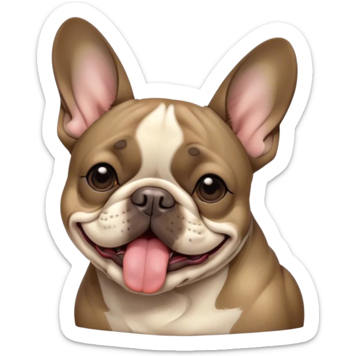 Cinematic Cute Yawning Brindle French Bulldog Portrait Emoji, Head tilted slightly with a dramatic, wide-open yawn, showcasing a sleek brindle coat with subtle fawn highlights, floppy ears slightly drooping, round dark eyes barely open in drowsy contentment, Simplified yet irresistibly adorable features, highly detailed, glowing with a soft, cozy glow, high shine, relaxed yet expressive, stylized with a touch of whimsy, bright and endearing, soft glowing outline, capturing the essence of a sleepy yet affectionate companion, so drowsy it feels like it could stretch out of the screen and curl up for a nap! sticker