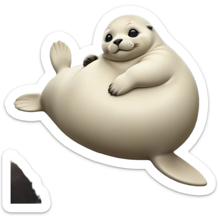 cinematic-seal-realistic-full-body-lounging-emoji,-plump-sleek-body-stretched-out-on-a-rocky-shoreline,-short-smooth-fur-glinting-in-the-sea-breeze,-flippers-tucked-comfortably-beneath-its-body,-large-dark-eyes-filled-with-playful-curiosity,-whiskered-muzzle-lifted-slightly-as-if-smiling,-simplified-yet-realistic-focused-features,-highly-detailed,-glowing-with-a-refreshing-marine-radiance sticker