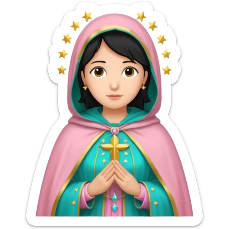 virgen maria catolica con vestido rosa palido. manto verde turquesa y pequeñas estrellas doradas, dispersas por el manto, muchas estrellas en su manto.con las manos juntas y de piel morena con pelo negro lacio sticker