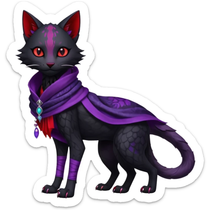 Kawaii feral, four-legged gothic dark badass black, red, purple, beautiful pretty elegant divine edgy feline-vernid-sergal-Trico-fursona-animal-creature, full body, with intricate detailed markings, silken shawl sticker