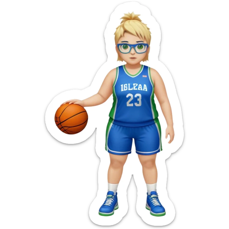 Full Body white plus size Girl with basketball spikey short brown and blonde hair  wearing blue glasses with green eyes wearing basketball uniform sticker