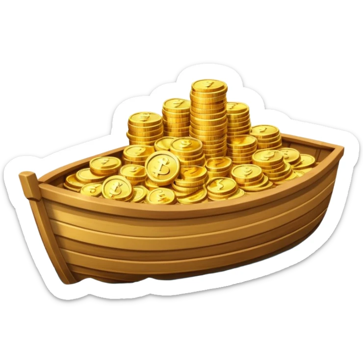 emoji of gold coins on the boat in the sea sticker