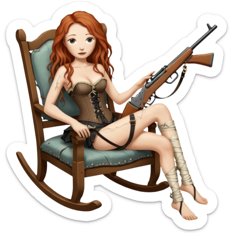 realistic cinematic Tori Amos sits on a rocking chair in a torn corset, holding an antique rifle and her bare feet are muddy. A white snake is wrapped around the chair. sticker