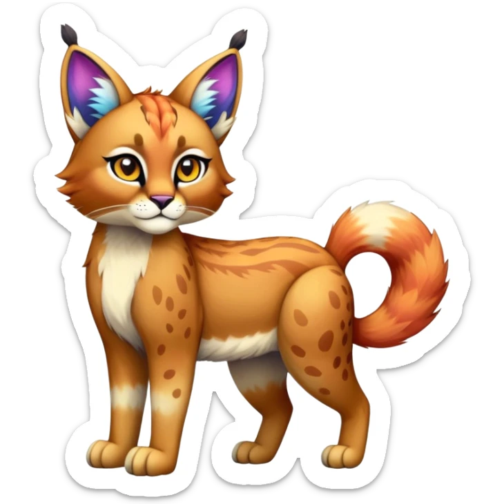 Vibrant multicolored Falvie-Fionbri-Bobcat-Caracal-creature-sparkle-feline-fursona, full body sticker