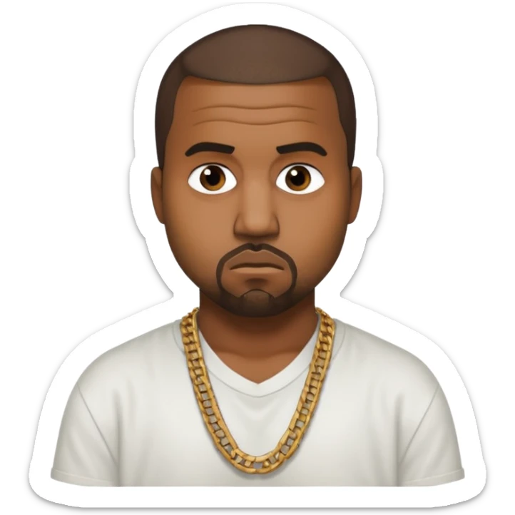 Kanye West staring blankly at a camera wearing a white shirt and a gold chain that slightly shows in the photo. sticker