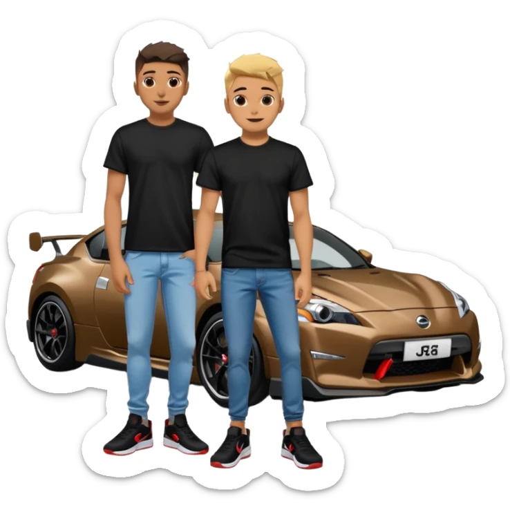 Grunge-style analog photo, London 2025, person inspired by the new reference image in model pose in front of a Nissan GT 86, black t-shirt, jeans, Nike Air Jordan low, using flash, analog grain, city night, 1/8. sticker