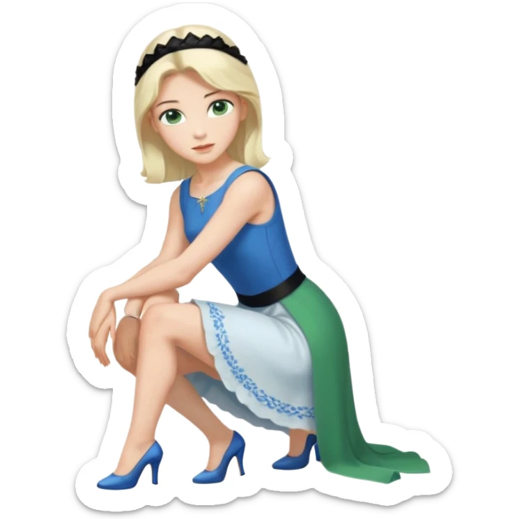 prince, upright, black Hair, blue eyes, garment,  Woman, bending knee, sleveless white dress, blonde hair, green eyes, sticker
