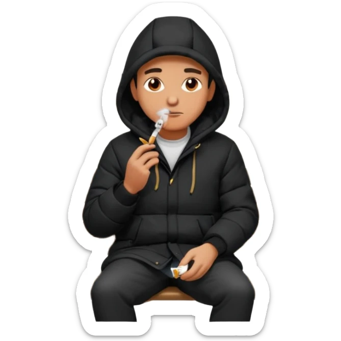 A man sitting on a chair, wearing a black puffed coat with hood, hands in his pocket, smoking a cigaret, he is on a chair, the chair is an outside coffe terrasse chair sticker