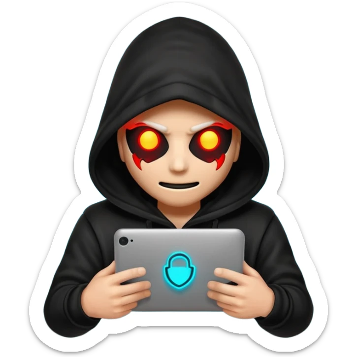 Black-hooded neon hacker emoji, red and cyan glow only, slamming glowing text “FTHESCAMMERS” with impact flash, aggressive anti-scam vibe, smooth 2-second loop, transparent background, Discord sticker style, no new colors. sticker
