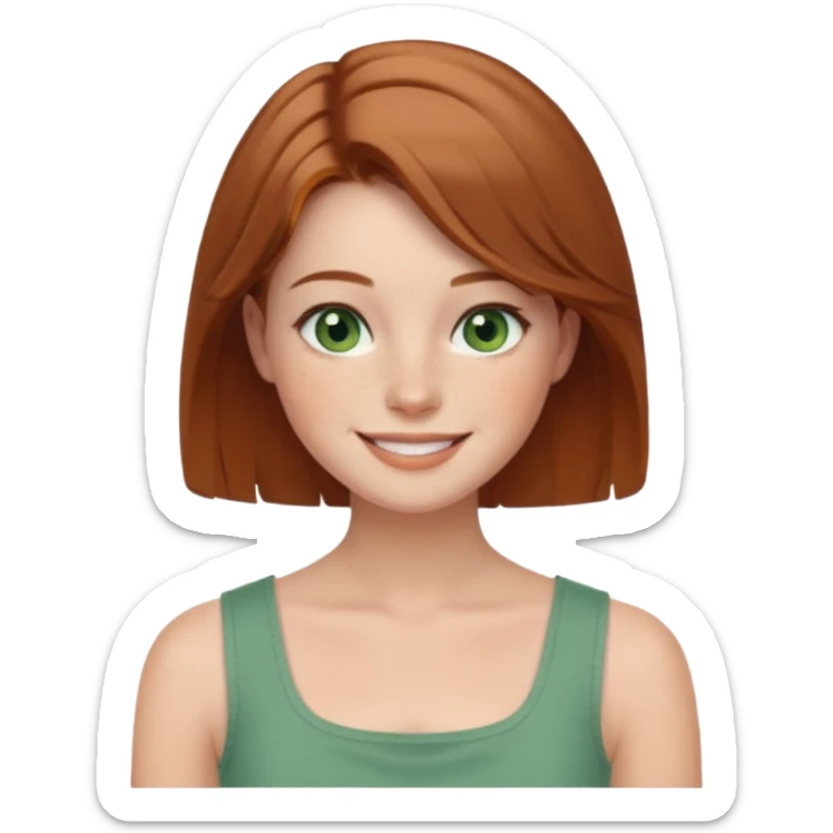 emoji of a woman named Freya McOmish, smiling, green eyes, light brown hair, subtle freckles, modern casual style, wearing a square neck sleeveless top sticker