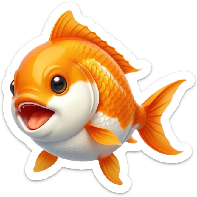 Cinematic Cute Yawning Orange and White Goldfish Portrait Emoji, Head tilted slightly with a dramatic, wide-open yawn, showcasing a smooth body with a balanced blend of orange and white, graceful fins slightly drooping, round golden eyes barely open in drowsy contentment, Simplified yet irresistibly adorable features, highly detailed, glowing with a soft, cozy glow, high shine, relaxed yet expressive, stylized with a touch of whimsy, bright and endearing, soft glowing outline, capturing the essence of a sleepy yet affectionate goldfish, so drowsy it feels like it could float out of the screen and curl up for a nap! sticker