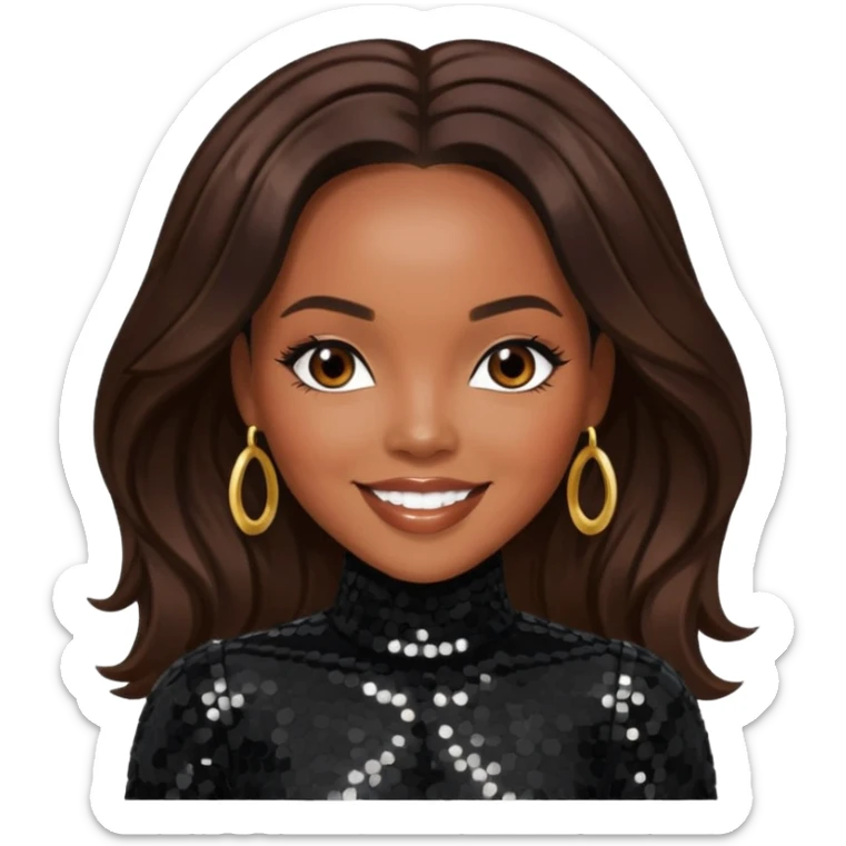 LeToya Luckett with long dark brown hair, black sequin outfit sticker