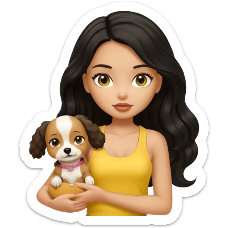 tan pretty bratz girl with long wavy black hair, wearing a yellow tank top with a dog sticker