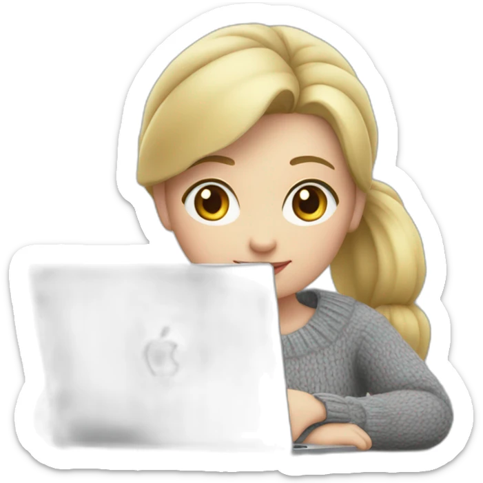 Woman with pale skin, short blonde ponytail and gray sweater sitting at table with Apple laptop sticker