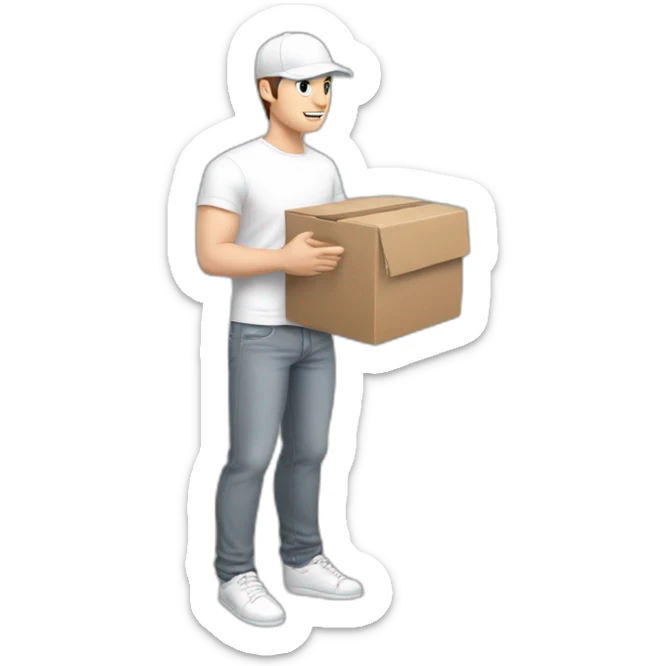 Pale skinned fit Man with dark brown hair in a white cap, gray jeans and gray polo T-shirt keeping a pasted box into his hands sticker