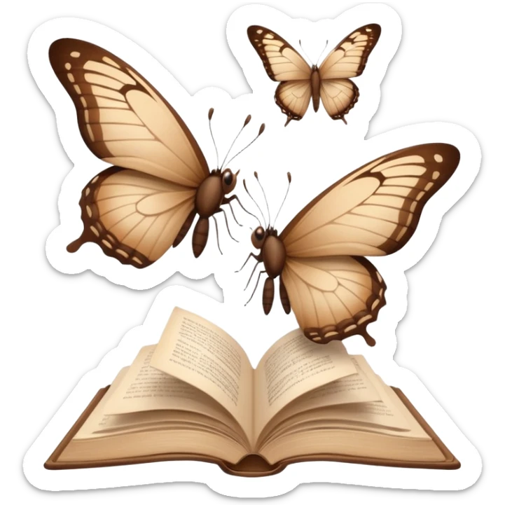 Beautiful brown butterflies fly out of an open beige book sticker