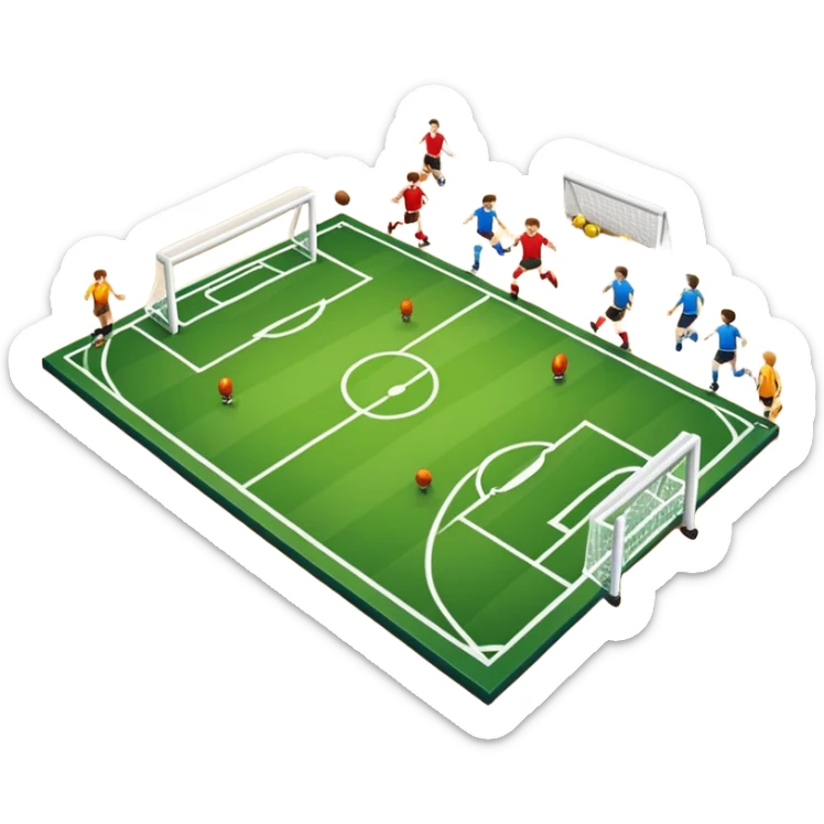 A mini-football match in an indoor sports hall with wooden flooring and clear field markings. The scene shows a vibrant game in action, with players positioned on the court, the goalposts visible, and the atmosphere filled with energy and focus. sticker