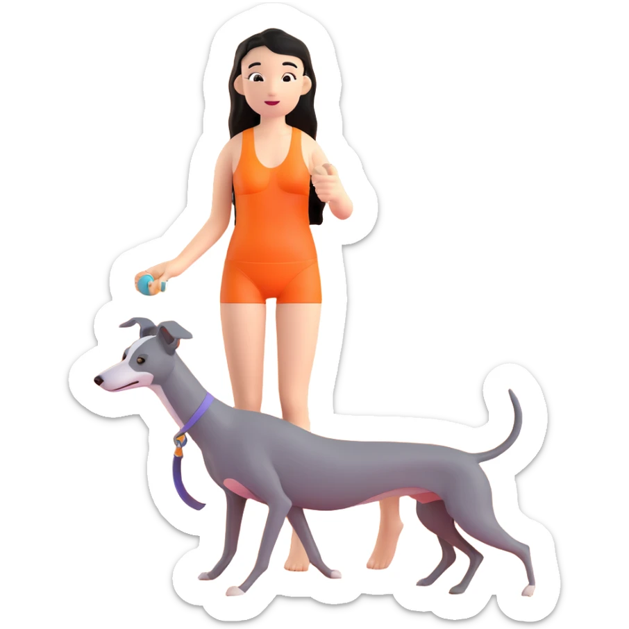Slim Chinese woman with long black hair in appropriate beach attire at the beach with her completely solid grey Italian greyhound, ocean and sand visible, the dog has absolutely no white markings anywhere sticker