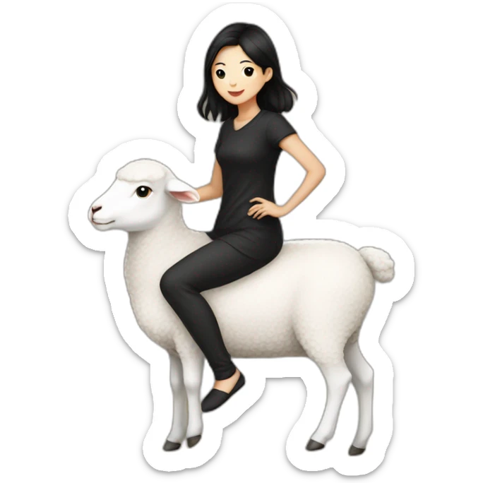 Asian girl with shirt black hair, black dress, riding on a lamb sticker