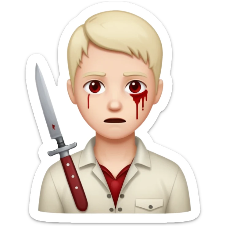 A person with a knife that looks tired and there’s blood on their neck sticker
