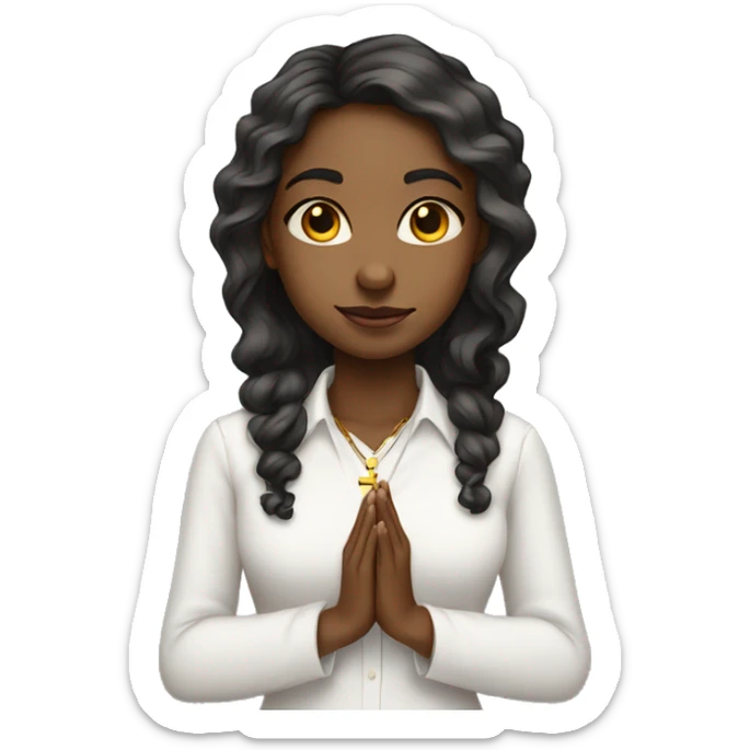 Young Black woman wavy hair praying with cross necklace in hands white collar shirt sticker