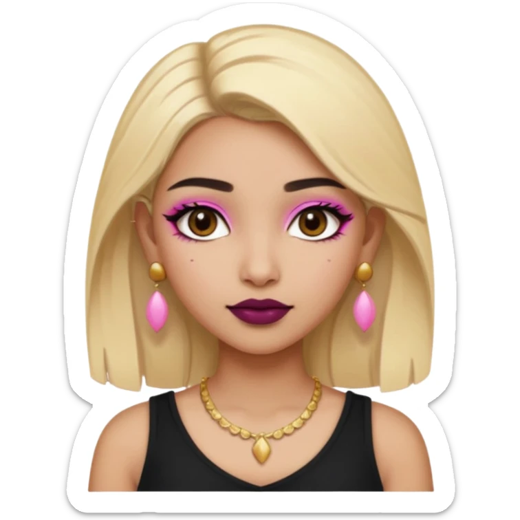 Sweet Indian girl blonde hair darkbrow eyes brown lipstick, pink blush, black top gold earrings, brown eyebrows gold eyeshadow  sticker