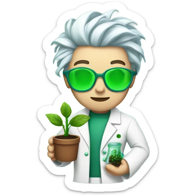 cyborg scientist wearing a lab coat and holding a small plant, woman with green hair, undercut hair cut sticker