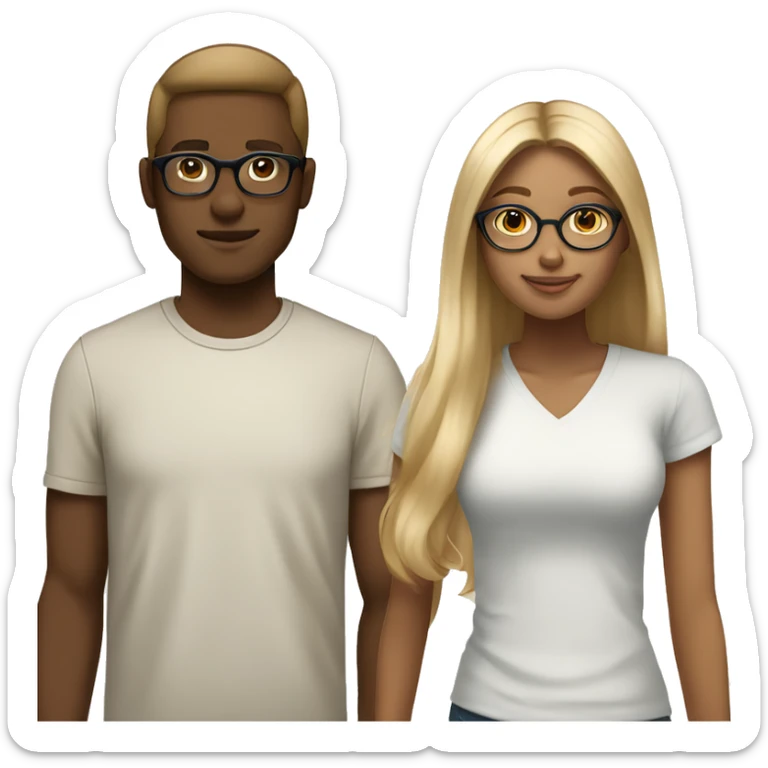 "A brown-skinned girl with straight brown hair standing next to her white-skinned boyfriend who has blonde hair and wears glasses." sticker