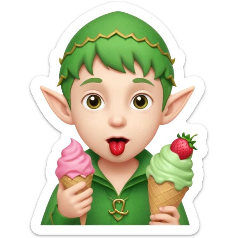 
A young elf boy in leafy clothes licking a triple-scoop ice cream with wide eyes.
baby elf with strawberry ice cream




 sticker