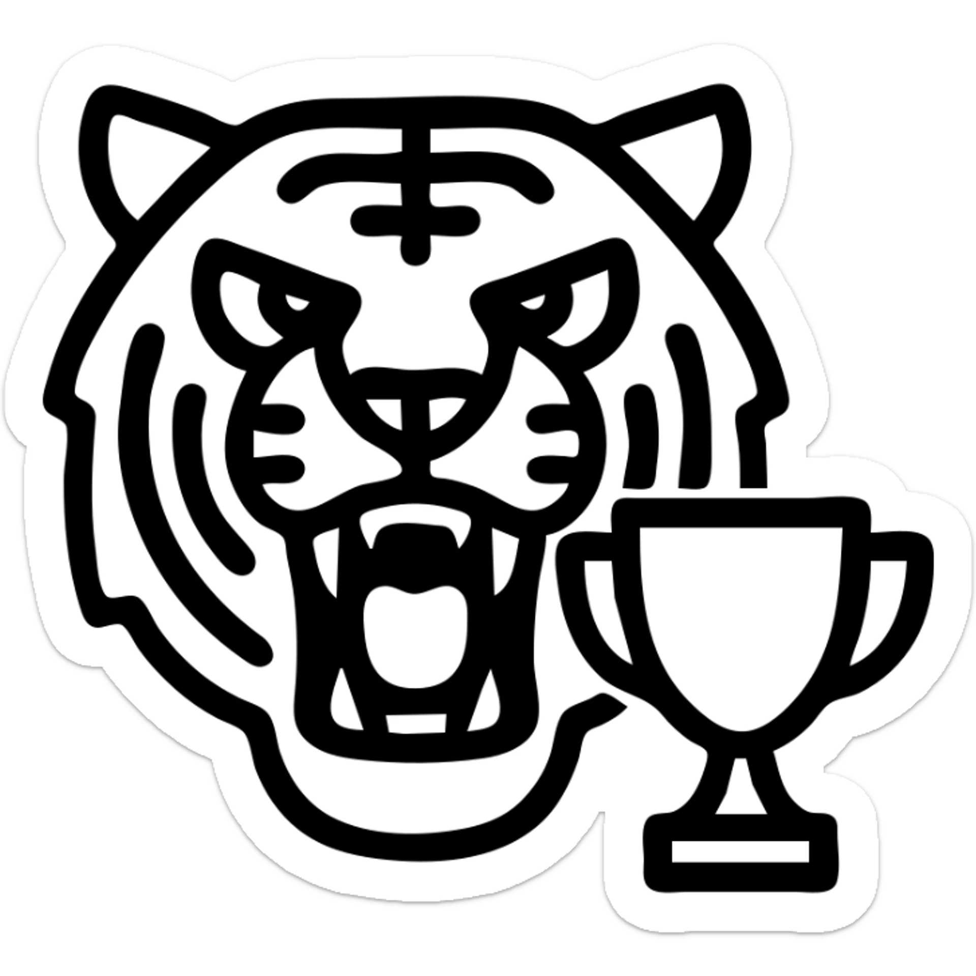 minimal icon of roaring Bengal tiger head with small trophy, strong outlines, flat color palette sticker