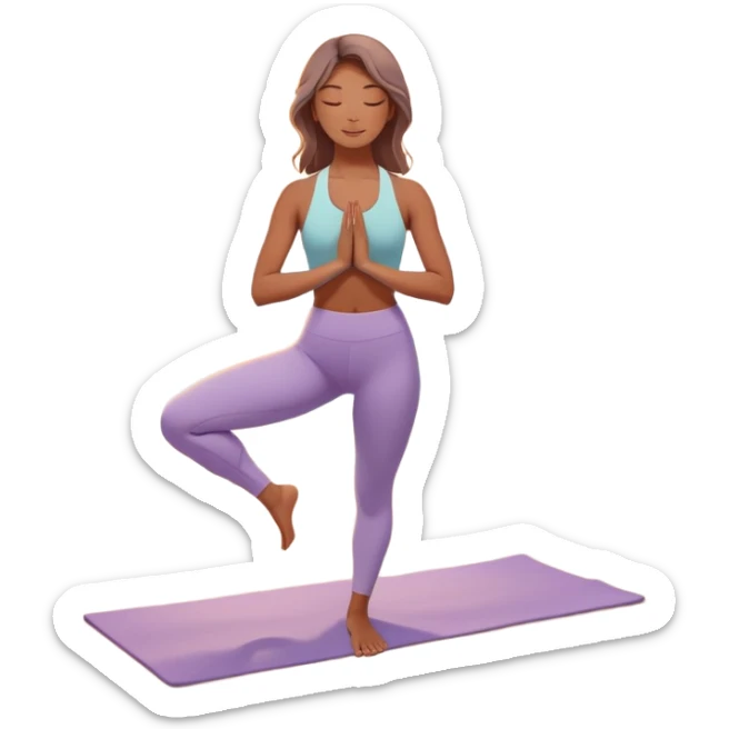 A peaceful person practicing yoga on a calm beach at sunrise, in a serene meditative pose. Soft pastel colors surround the scene, with gentle waves in the background and smooth, flowing lines representing balance and tranquility. The atmosphere feels centered and mindful. sticker