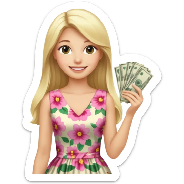 rich long straight hair blonde australian millionare woman holding a lot of money wearing cute floral dress sticker