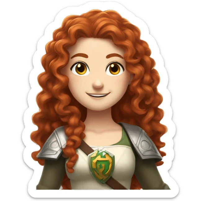 a white girl with long red curly hair and freckles, cosplaying Zelda posing and smiling sticker
