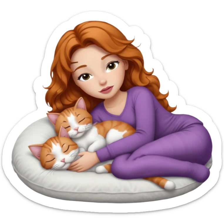 girl with long wavy brown hair, long lashes makeup, sexy pink lips, light to medium complexion,  sleeping on a cozy pillow, with 6 cats: 1 ginger/white, 1 grey with white paws, 1 calico, 2 grey and white and one tabby and white sticker