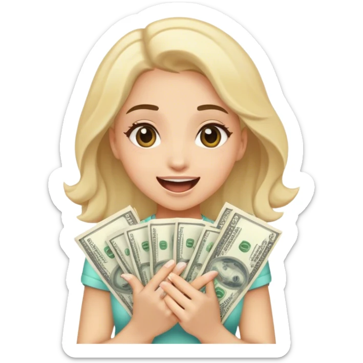 Girl holding lots of money looking excited sticker