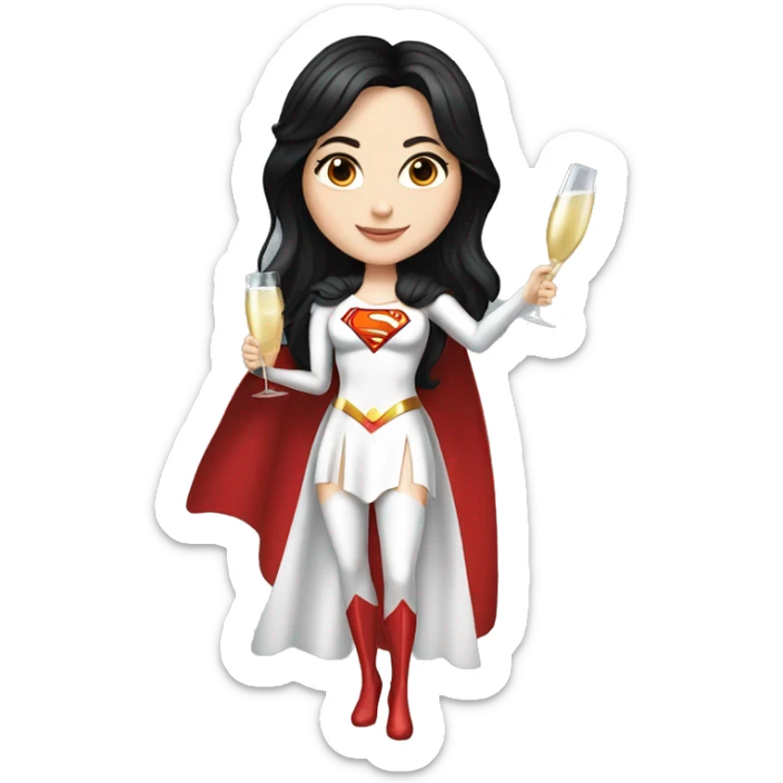 White girl in a superwoman costume with long black hair holding a champagne bottle realistic  sticker