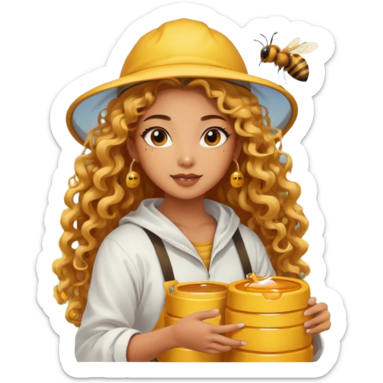 nude girl harvesting honey on bee farm, sexy and muscled, full body nude, tanned asian girl, sexy nude girl, beautiful eyes, makeup, earrings, muscled, surrounded by bees, long golden curly hair sticker