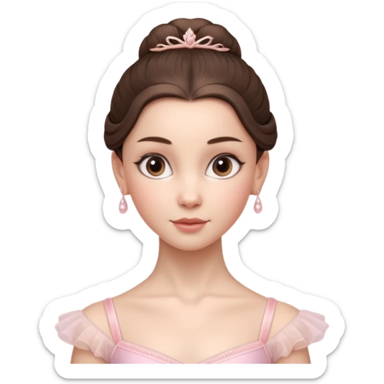 Cinematic Realistic ballerina Portrait, depicted with lifelike skin texture, subtle rosy undertones, and soft natural lighting that enhances the gentle contours of her face. Her intricately detailed sweet brunette hair is elegantly styled, sticker