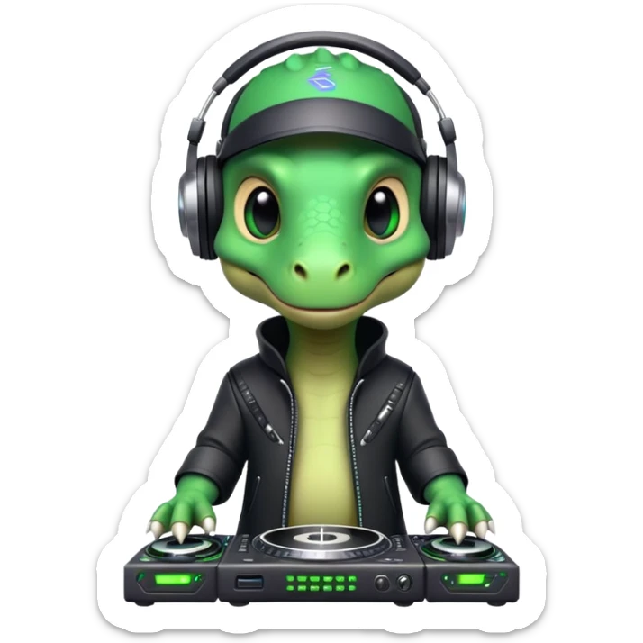 Dinosaurio muy tierno músico DJ con ropa negra futurista verexxo color verde sticker