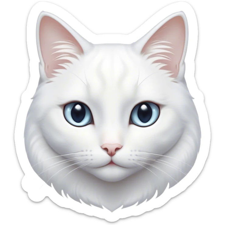 Cinematic Noble White Cat Portrait Emoji, Poised and stately, with a pristine, snow-white fur accented by delicate hints of silver, refined whiskers and a serene, focused gaze, simplified yet impeccably detailed, glowing with an ethereal radiance and timeless elegance, high shine, exuding calm intelligence and regal simplicity, soft glowing outline, capturing the essence of a noble white cat that radiates quiet majesty! sticker