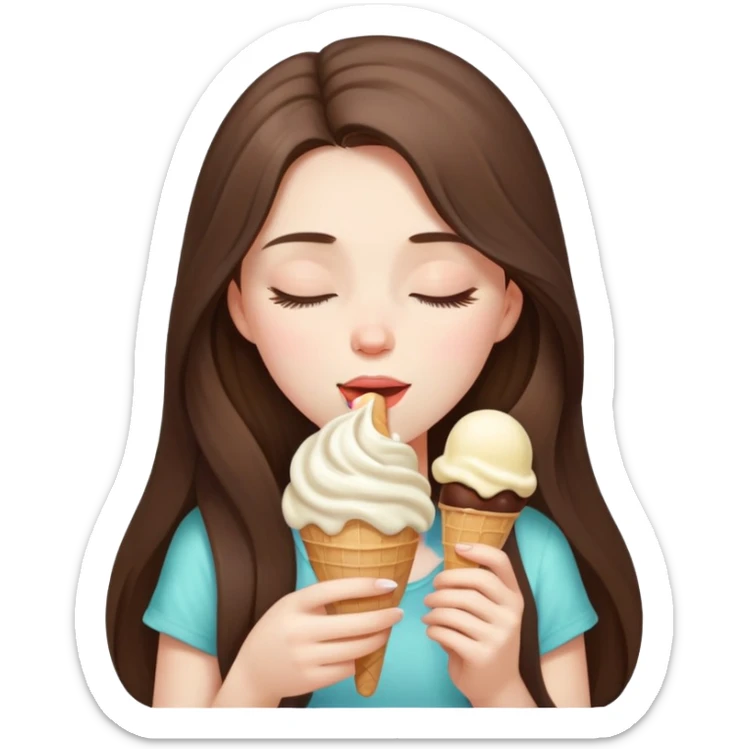 beautiful pale brunette girl with long hair enjoying an ice cream eyes closed sticker