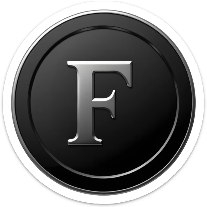 Emoji icon of a black coin with engraved letter F, minimalist style, isolated, only black color sticker