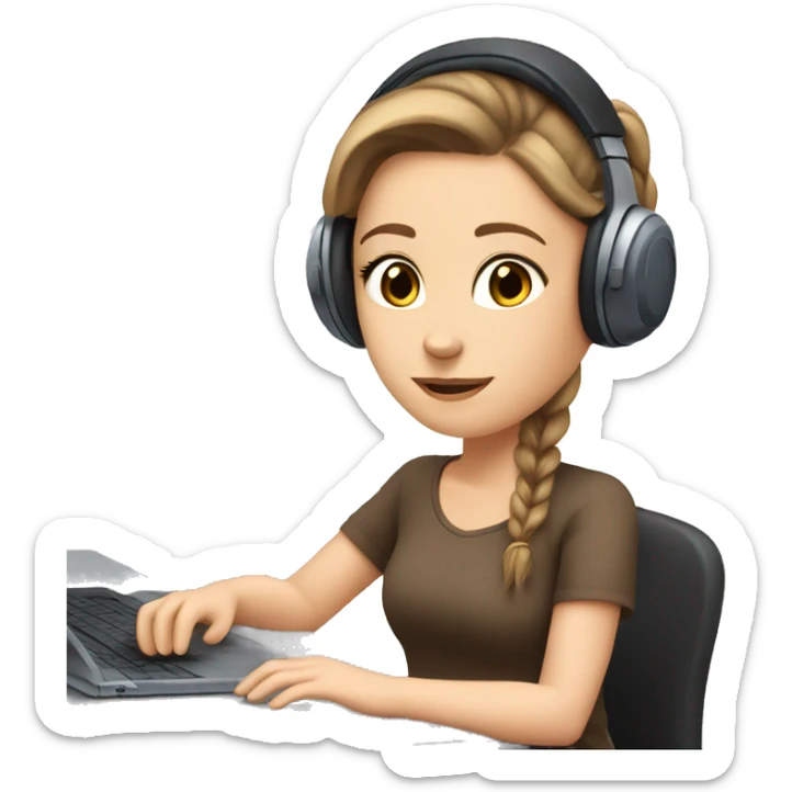 white girl at desk, brown hair, ponytail, blue eyes, computer, headphones sticker