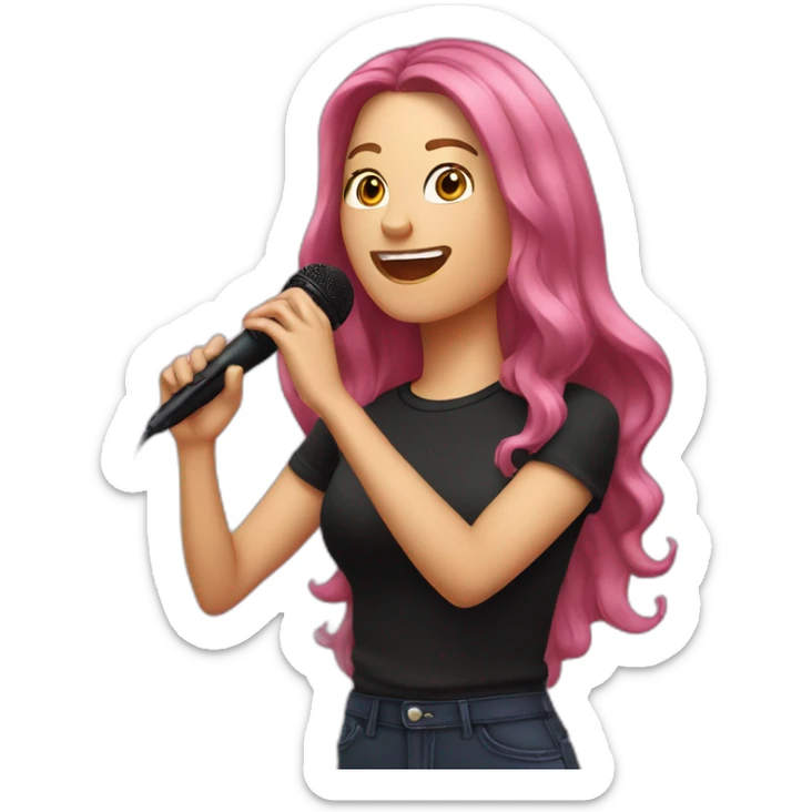 Caucasian woman with long hair and pink highlights, with a microphone singing, wearing a black t-shirt sticker