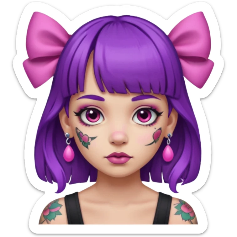 girl with bangs and purple hair and pink hairbow on the side of head and earrings and very heavy face tattoos sticker