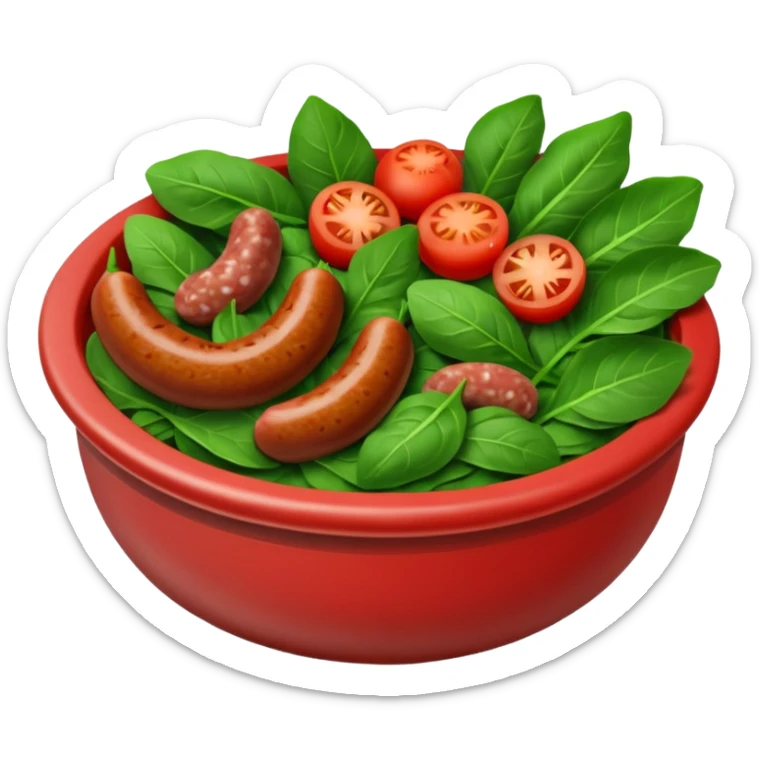 Bowl of spinach, bowl of tomatoes, bowl of sausage sticker